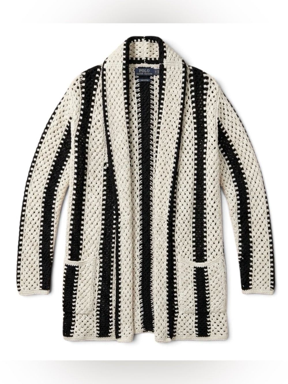 Polo Ralph Lauren Linen Cotton Crochet Knit Open Front Stripe Cardigan Medium